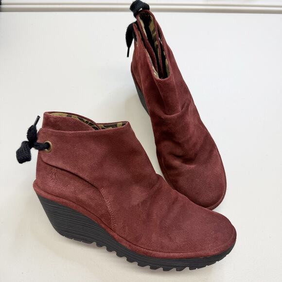 FLY London Shoes - Fly London Yama Suede Wedge Boots Rust Orange Ruched Bootie Womens EU 41 /US 10